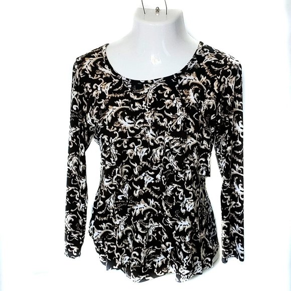 Black and Gold Stretchy Long Sleeve Layered Ruffle Blouse Sz M - Picture 1 of 8